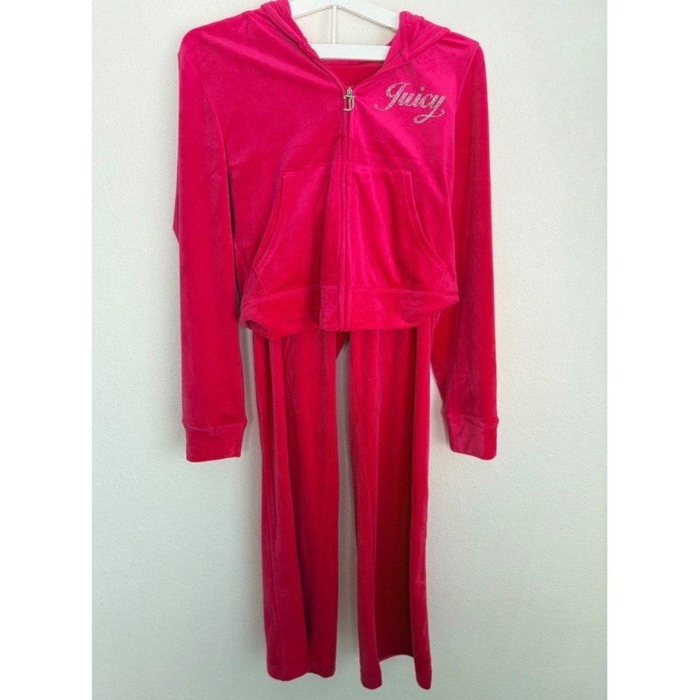 Juicy Couture Tracksuit Set Pink party large Velour Rhinestone Hoodie pants set